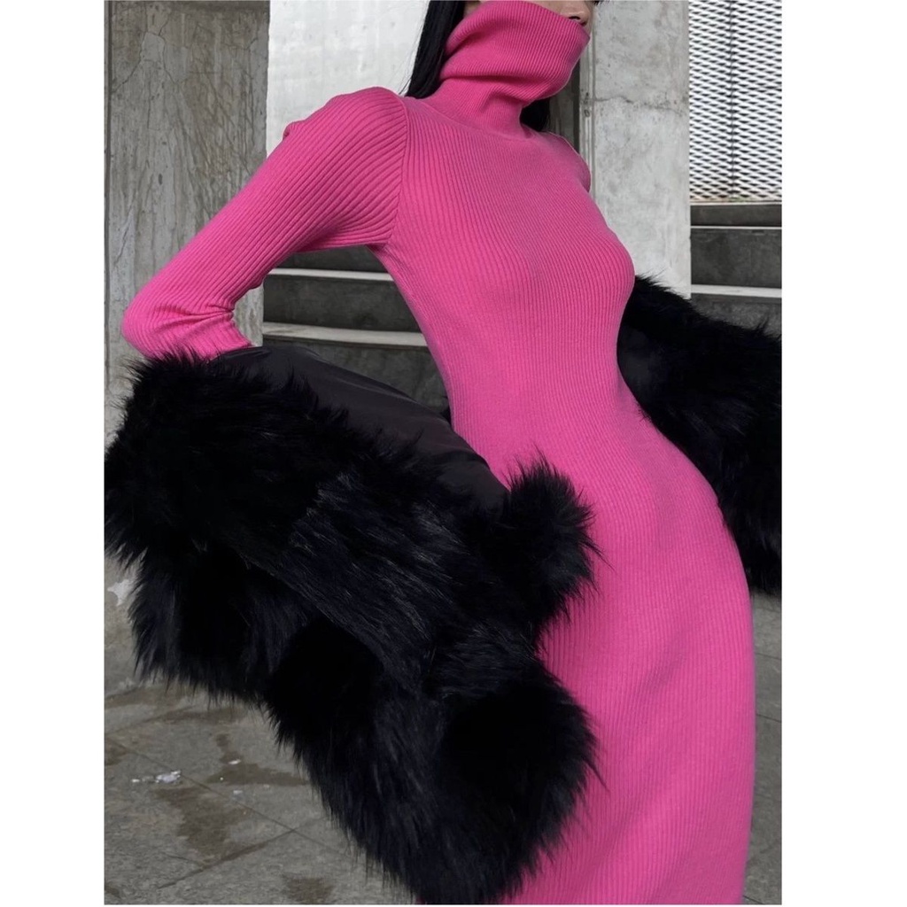 Bán Chạy! Giảm Giá Nóng!F &amp; X Đầm Dệt Kim Dáng Dài Qua Gối Cổ Cao Xẻ Tà Màu Hồng Thiết Kế Niche Kiểu Mới Dễ Phối Đồ Uni