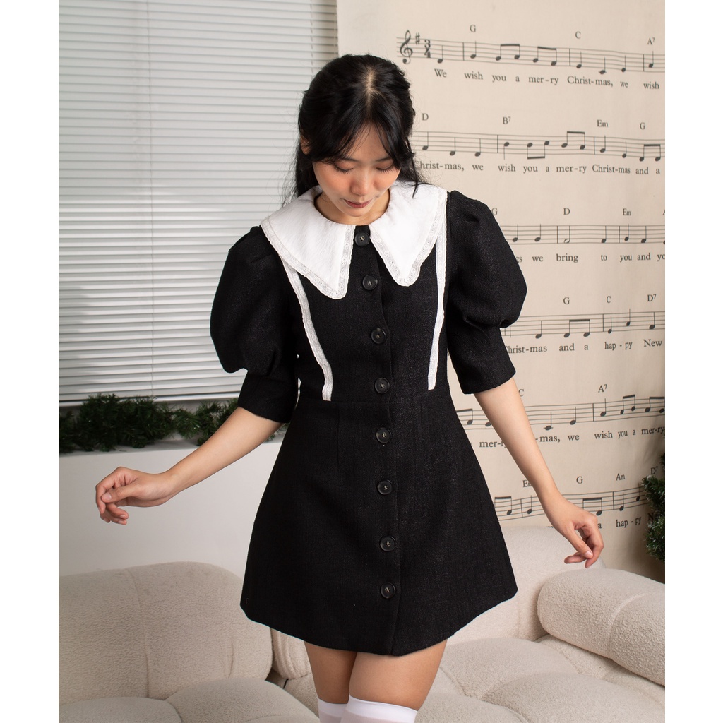 Đầm nữ dáng chữ A tay phồng cổ bèo Esther Dress LilLinn Chất Liệu Vải Tweed Dày Dặn phù hợp đi chơi đi đi học công sở