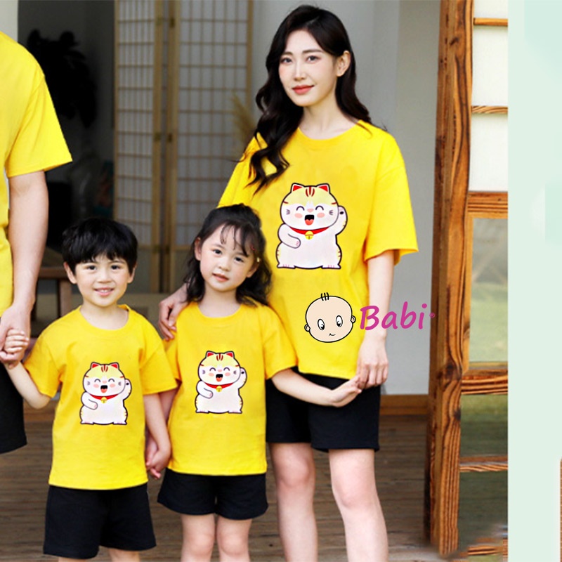 Áo thun in hình mèo thần tài 2023, áo gia đình, áo cặp ba mẹ, áo bé trai, áo bé gái size 15-55kg