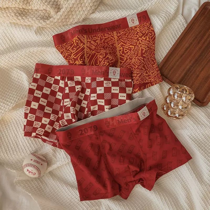 Set 3 Quần Lót Boxer Cotton Đỏ Thoáng Khí Thời Trang Năm Mới Cho Nam
