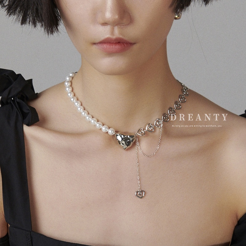 Dây Chuyền Mặt Hình Trái Tim Đính Ngọc Trai Phong Cách Nhật Hàn Thời Trang