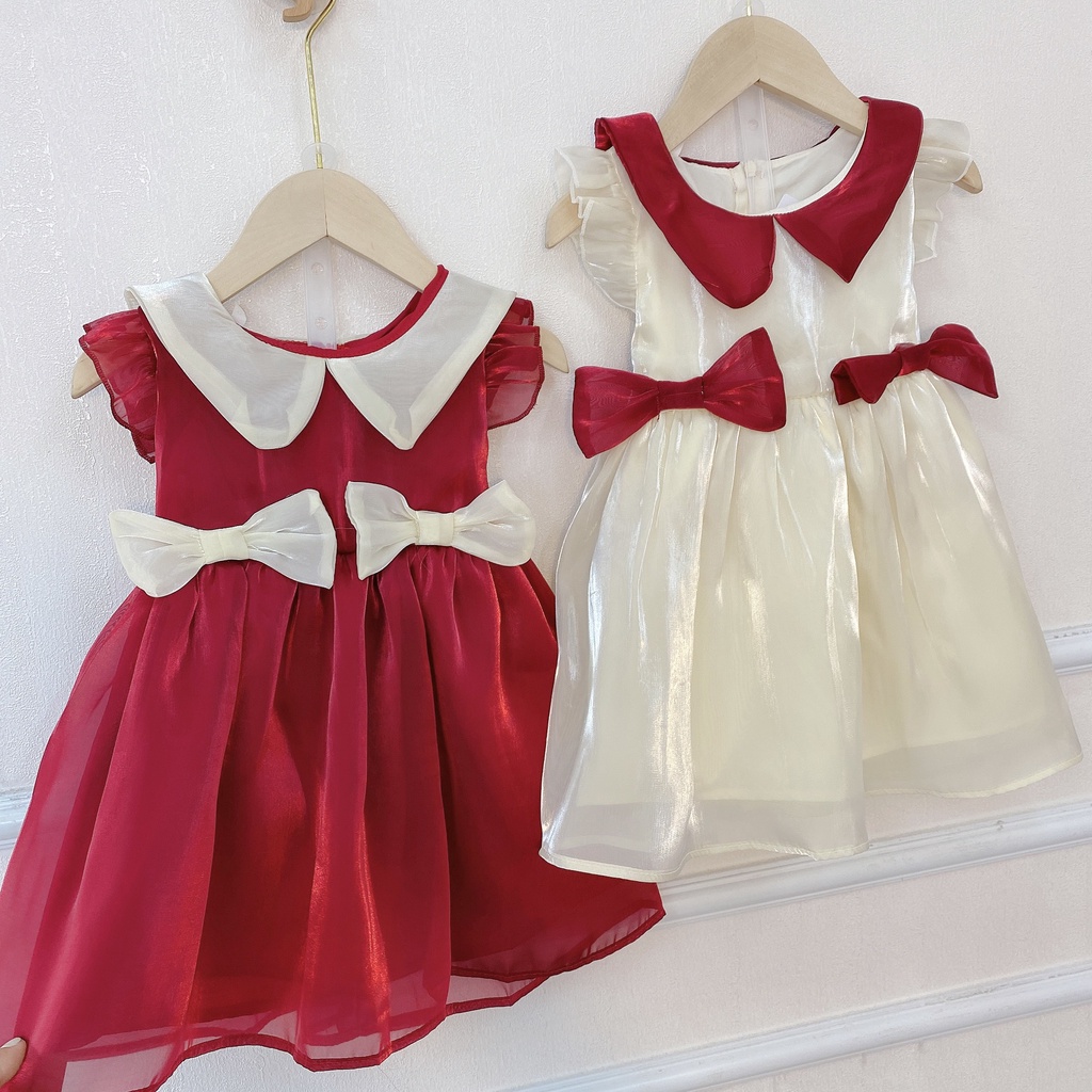 Váy Bé Gái, Đầm Tay Ngắn Đính Nơ Lụa Tơ Bóng Sang Chảnh Cho Bé Gái Từ 8 - 18kg