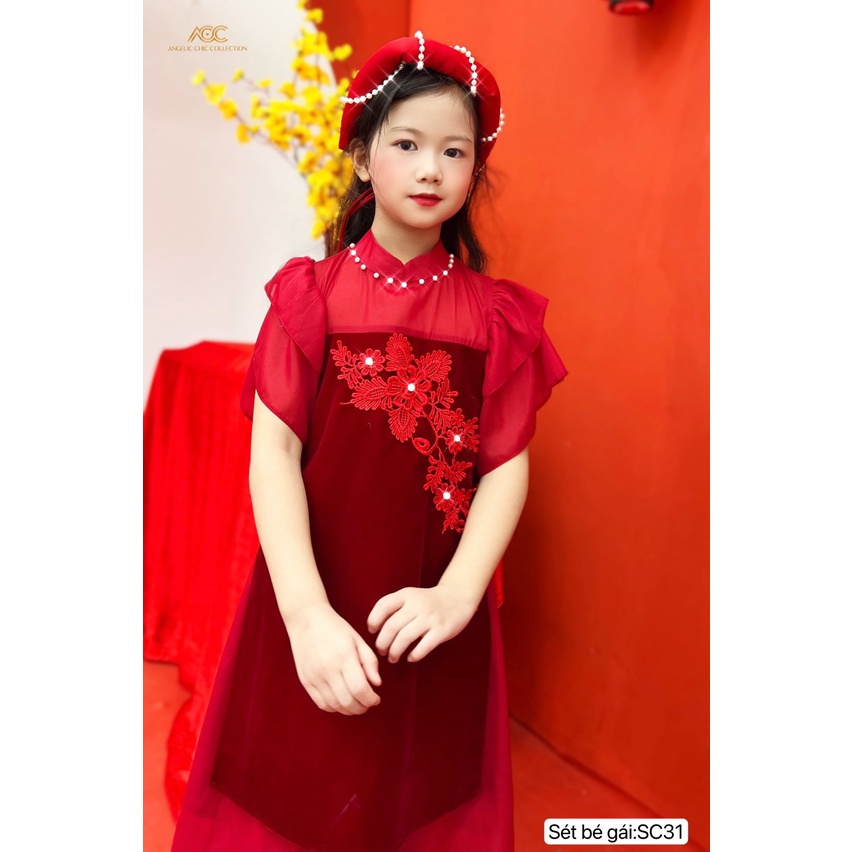 Set áo dài đỏ cho bé gái nhung phối voan thiết kế cao cấp SC31- DVC