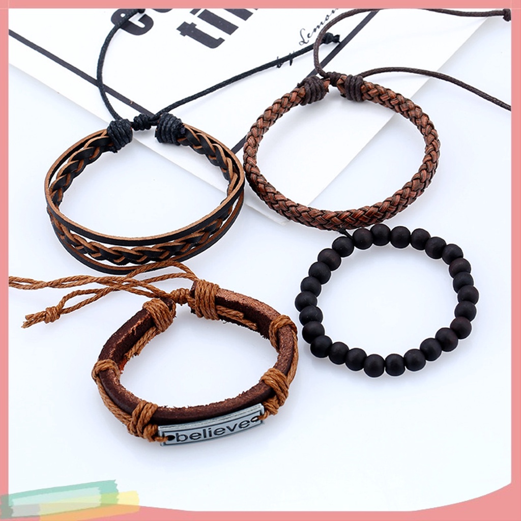 Set 4 vòng tay bện dây giả da thời trang cho nam