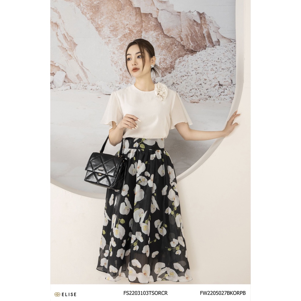 Chân váy tơ đen hoa thiết kế Elise FW2205027BKORPB