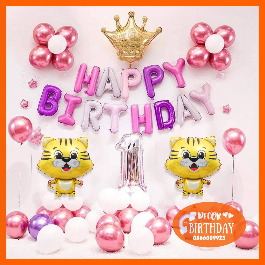 Set Trang Trí Sinh Nhật TUỔI HỔ Cho Bé Gái, Trang Trí Đầy Tháng Bé 2022, Đầy Đủ Như Hình Tặng Kèm Đồ Bơm Băng Dính