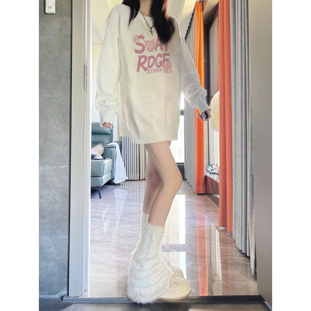 HUANG YOYO Áo Thun Nữ Dài Tay Cổ Tròn In Chữ Thời Trang Hàn Quốc