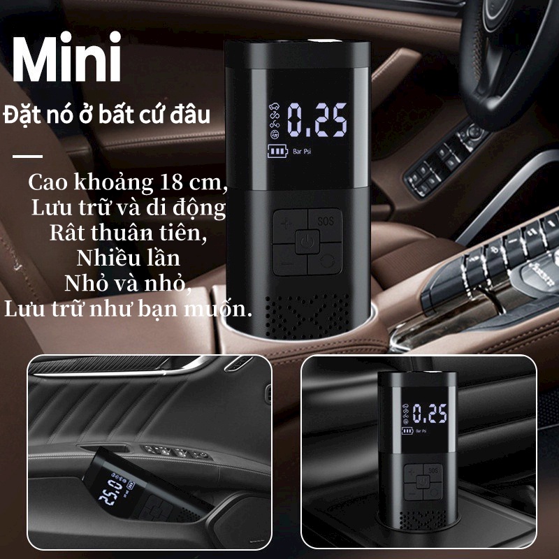 bơm lốp ô tô mini 12v không dây – bơm điện ô tô Tự Ngắt kiêm sạc dự phòng ,  sử dụng cho xe ô tô,Xe Máy,Xe Đạp