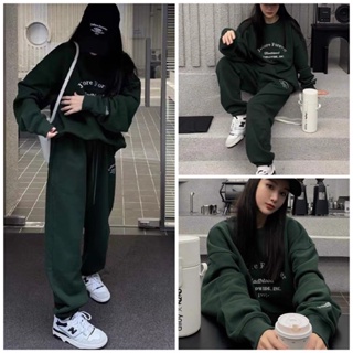 Sét bộ Thụng nỉ chữ XANH LÁ from rộng Unisex, Bộ nỉ mùa đông nam nữ mặc được phong cách thể thao