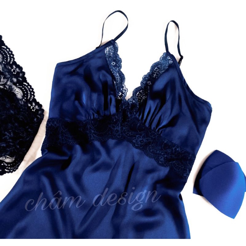 váy ngủ lụa satin 2 dây dáng dài màu xanh tím than pha ren cùng màu, hàng thiết kế độc quyền tại shop