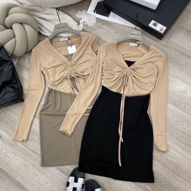 Đầm body ngắn phối khóac tay dài cánh nơ TIBU, Váy ôm dáng sexy mặc đi chơi, dự tiệc siêu xinh, tôn dáng cực đỉnh