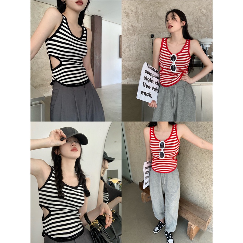 HUANG YOYO Áo Croptop Dệt Kim Sát Nách Cổ Chữ U Họa Tiết Kẻ Sọc Thời Trang Hàn Quốc 2023 Cho Nữ