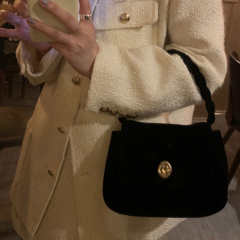 Túi Xách Da Lộn Màu Trơn Dáng Vuông Nhỏ Phong Cách retro Pháp Dễ Phối Đồ