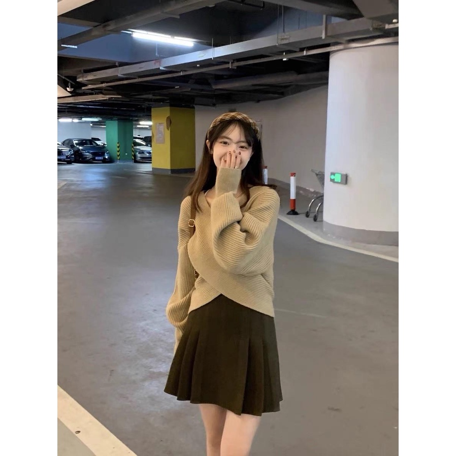 MS1004 Áo len kiểu nữ vạt chéo tay phồng Hàn Quốc