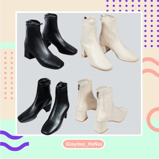 Giày bốt da cổ thấp dáng mỏng đế dày trẻ trung thời trang dành cho nữ, Bốt nữ đế vuông cao 5p mũi tròn cổ lửng khoá kéo