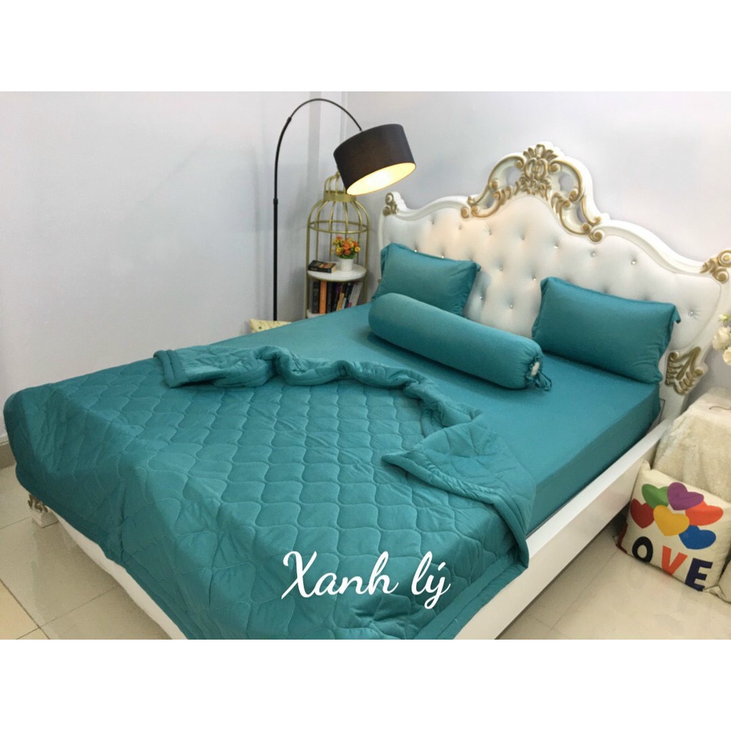Bộ ga thun 4 món màu xanh - hồng- drap thun Hàn Quốc