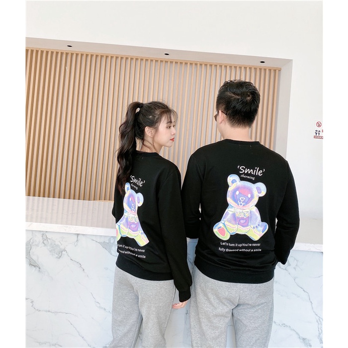 Áo gia đình Thu Đông HappyFamily - Mẫu Sweater Họa tiết Gấu Xinh Xắn Smile Chất nỉ da cá Cotton Màu Đen,Xanh Biển
