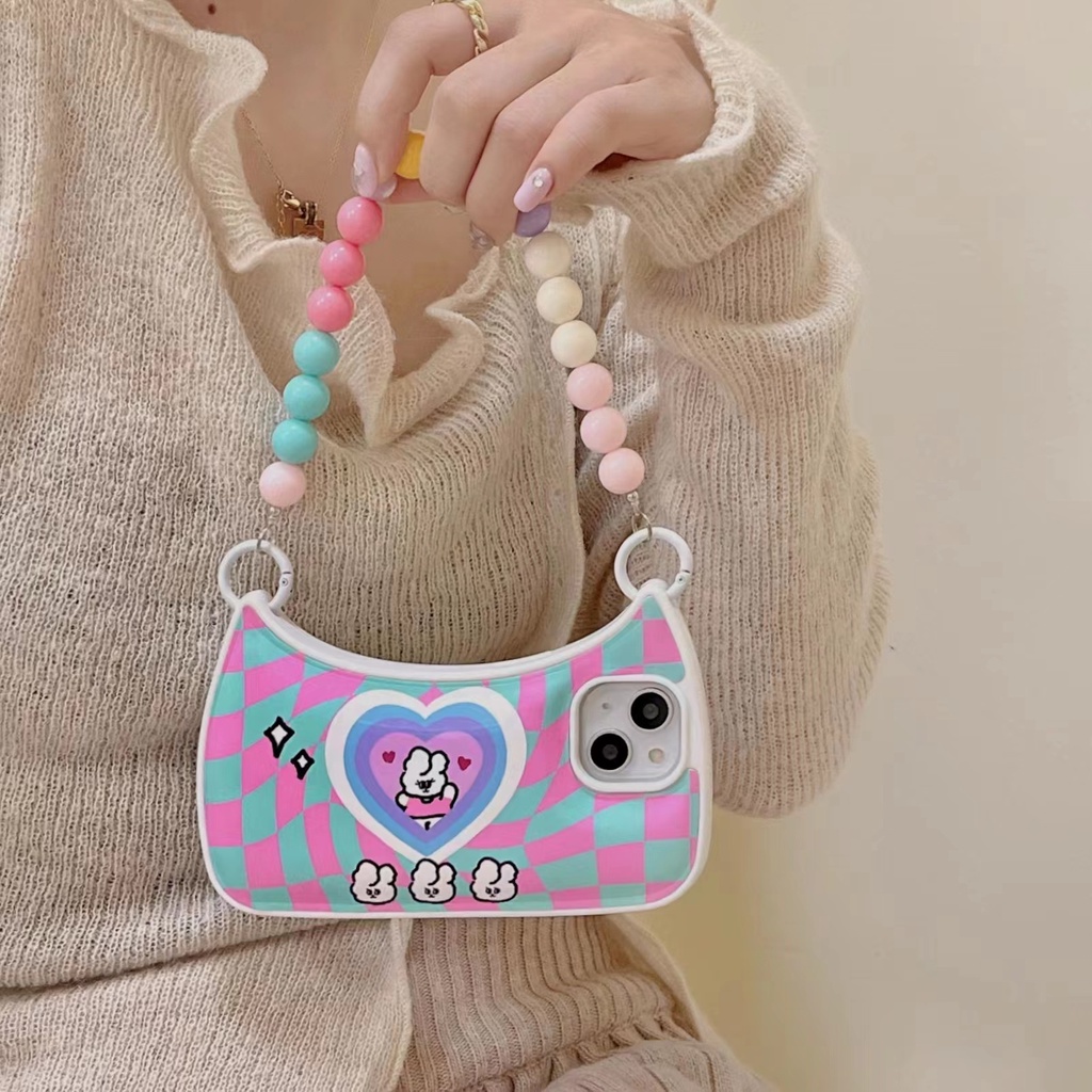 Ốp Điện Thoại Tpu Dẻo Họa Tiết Hoạt Hình Chú Thỏ Kèm Dây Đeo Ngọc Trai Cho iPhone 14 13 12 11 Pro Max 14 Plus