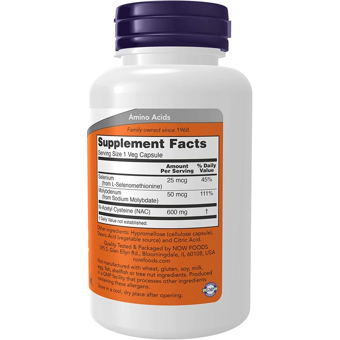 NAC Now Foods N-Acetyl Cysteine 600mg - Viên uống giải độc gan, chống oxy hóa và tăng cường miễn dịch 100 viên