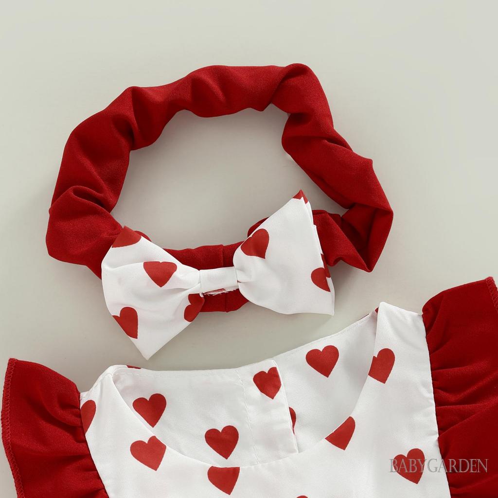 Bộ Áo Liền Quần Không Tay In Họa Tiết Trái Tim Phối Băng Đô Cài Tóc Xinh Xắn Cho Bé Gái 3-24 Tháng Tuổi