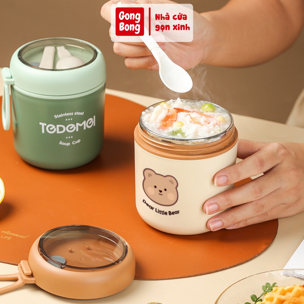 Bình ủ cháo giữ nhiệt lên đến 8 tiếng bằng nhựa cao cấp inox 304 không gỉ tặng kèm túi giữ nhiệt cho bé hình gấu