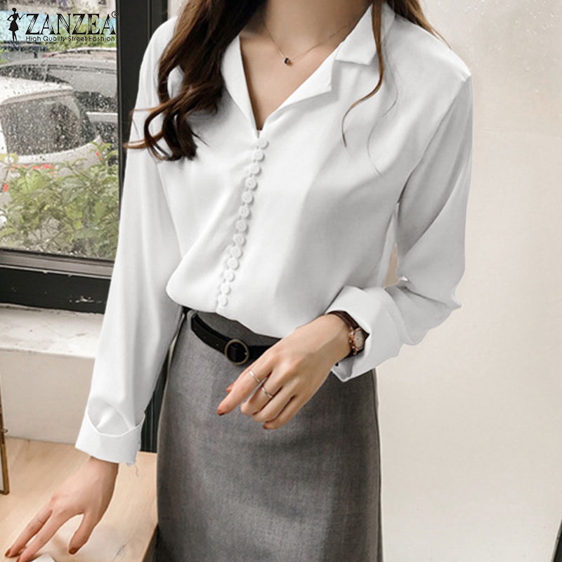 Áo sơ mi ZANZEA tay dài màu trơn phong cách Hàn Quốc thời trang công sở cho nữ