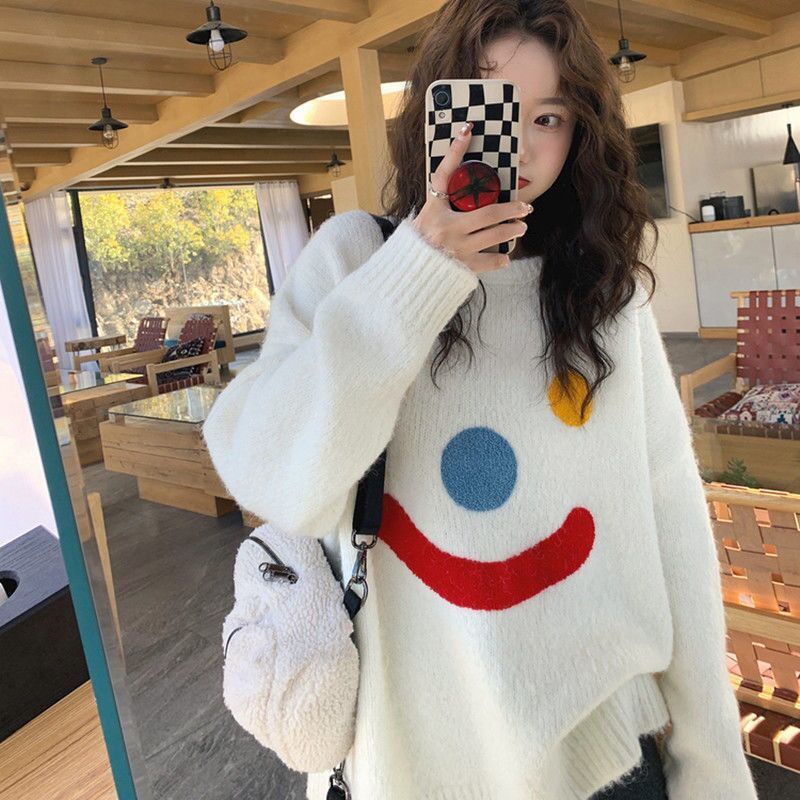 Áo len dệt kim dài tay in họa tiết Thời trang mùa thu phong cách hàn quốc cổ tròn rộng rãi ngọt ngào nữ
