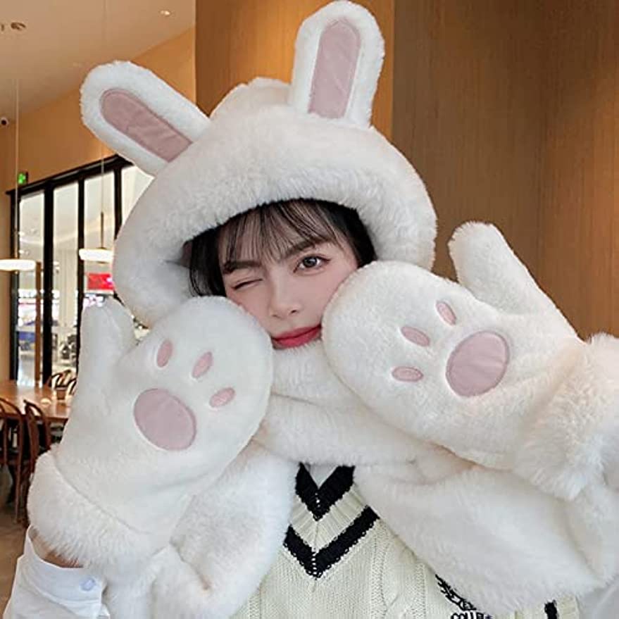 Mũ Lông Tai Thỏ Kèm Khăn Choàng Cổ Và Găng Tay Dày Dặn Giữ Ấm Mùa Đông Phong Cách Hàn Quốc Mới Dành Cho Bạn Nữ YKD