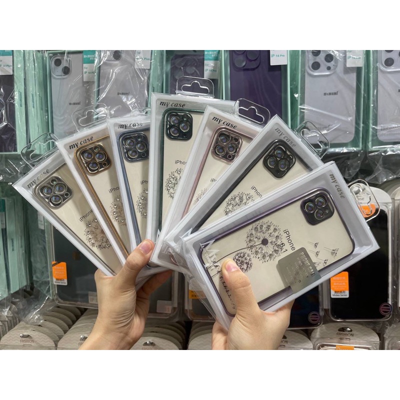 [ Đen - Vàng - Bạc ] Ốp Lưng dẻo mạ viền si hoa bồ công anh đính đá cho iPhone 7plus đến 14pro max