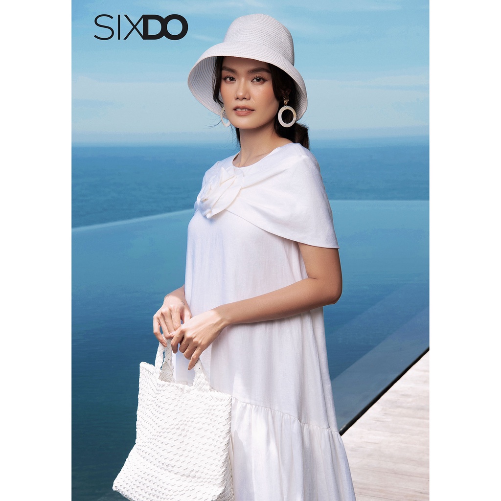 Đầm trắng phối hoa ngực linen SIXDO