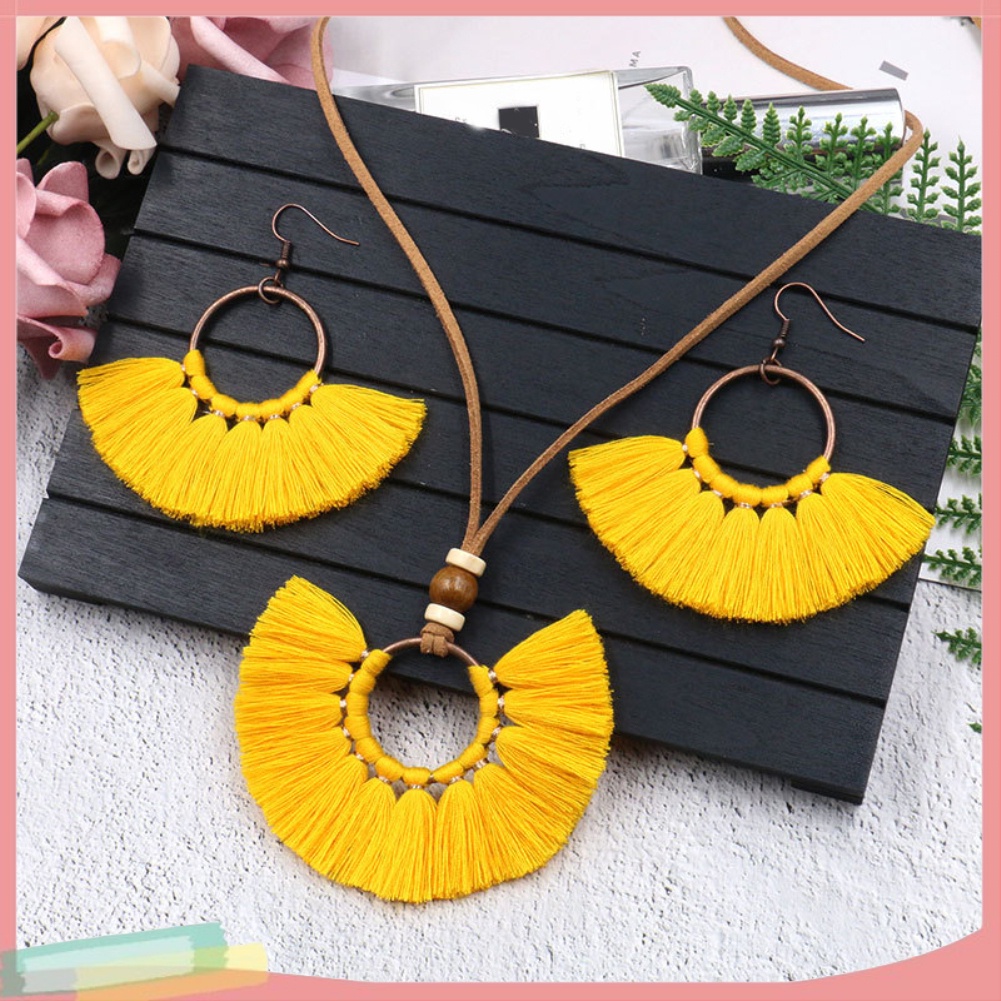 Bộ vòng cổ + Bông Tai Dạng Tua Rua Phong Cách Bohemian