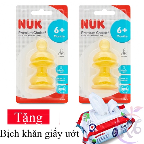 Combo 2 vỹ Ty thay bình sữa NUK Cao Su Cổ Rộng size 2M - 2 cái/vỹ Tặng 1 bịch khăn giấy ướt 80 tờ - Núm ty thay thế