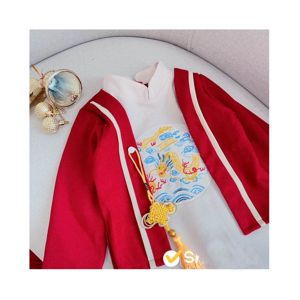 Áo dài cách tân bé trai chất nhung li tặng kèm khánh đeo 8kg đến 28kg