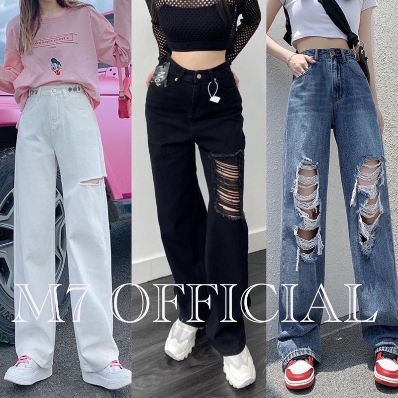￼Quần Jean Nữ Ống Rộng Rách Gối Màu Đen Dáng Suông Chất Bò Dày Dặn 309 450 451 310 510