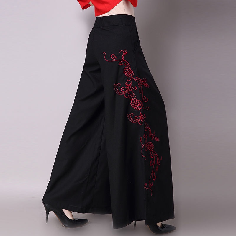 Quần Dài Ống Rộng Vải cotton Lanh Lưng Thun Thêu Họa Tiết Thổ Cẩm Màu Trắng Xanh Dương Kiểu retro Thời Trang Mùa Xuân Cho Bạn Gái