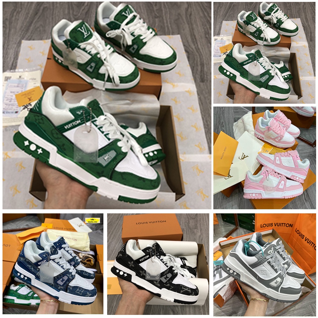 GIày sneaker LV Trainer cổ thấp đế tăng chiều cao nhiều mẫu, giày thể thao LV độn đế 5cm dành cho nam nữ đầy đủ billbox