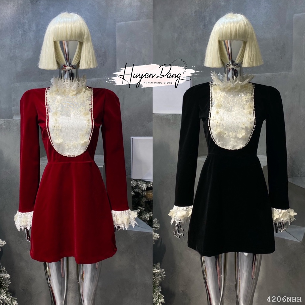 Đầm ngắn Tay dài chữ A phối ren 4206 - đầm thời trang nữ