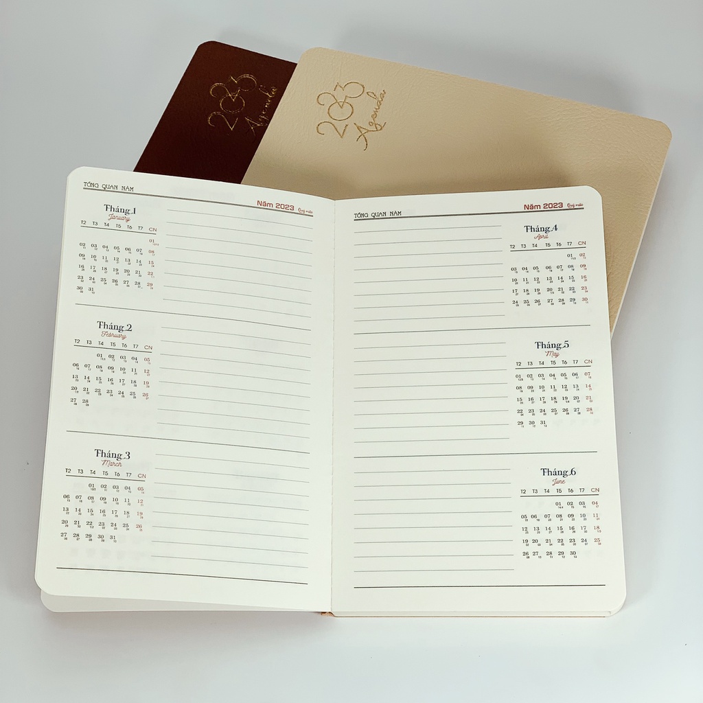 Sổ Planner 2023 - Sổ nhật ký - Sổ Lịch 2023 - Da PU mềm, 180 trang, Ruột giấy kem dầy, 13x20cm.