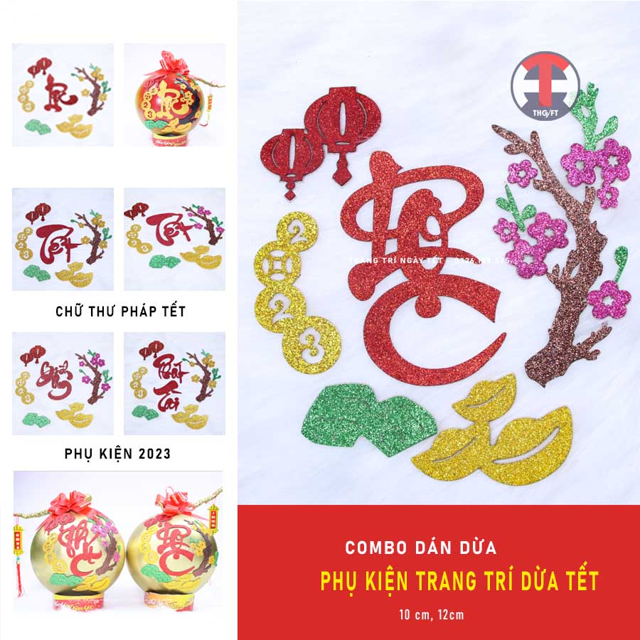 Phụ kiện dán dừa, dưa hấu - COMBO chữ thư pháp và phụ kiện xốp kim tuyến [Trang Trí Ngày Tết]