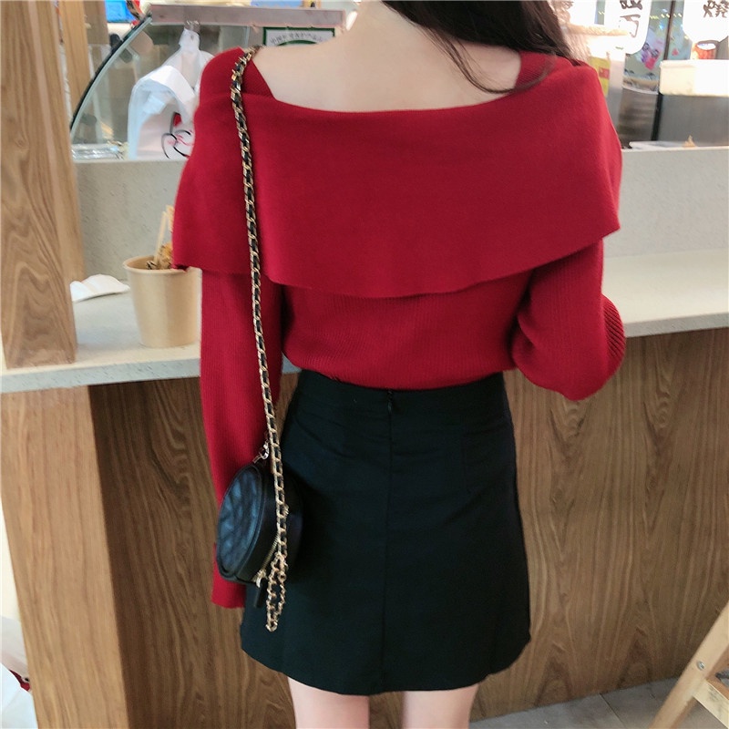 ZHELIHANGFEI Áo Len Tay Dài Trễ Vai Thắt Nơ Eo Cao Thời Trang Cho Nữ