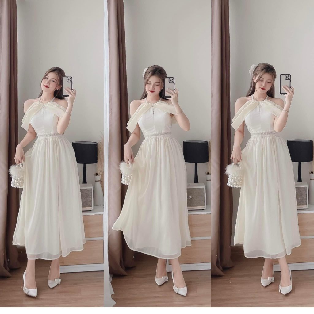 Đầm voan CHINGFON phối dây cườm cổ