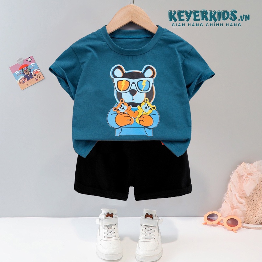 SET Tết Bộ Quần Áo Bé Trai KEYER KIDS, Áo Thun Cotton Ngắn Tay Hình Mèo Siêu Ngầu Quần Đùi Thun Co giãn SZ59