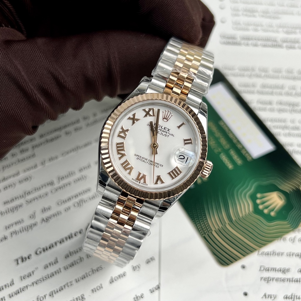 Đồng hồ nữ Rolex Date Just DemiGold 32mm máy ETA Calibre 3235 28800mph, viền + dây demi mạ vàng 18k
