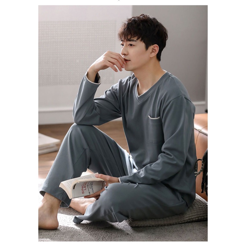 Bộ Đồ Ngủ Vải Cotton Mỏng Tay Dài Dáng Rộng Màu Sắc Đơn Giản Thời Trang Xuân Thu Cho Nam