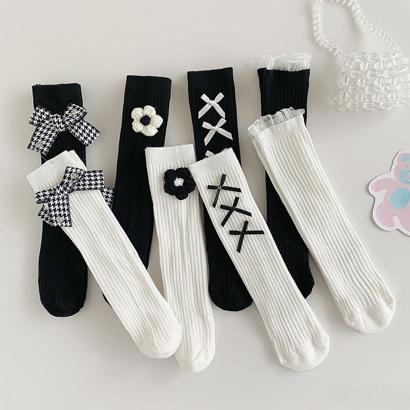 Vớ Lưới Thoáng Khí Cỡ Vừa Họa Tiết Hoa Đính Nơ Màu Trắng Đen Đơn Giản Thời Trang Cho Bé