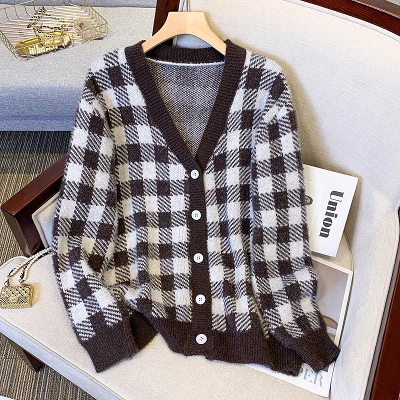 Áo khoác Len Nữ dáng dài, Cardigan len nữ kẻ ô dài ngang mông freesize 40-65kg