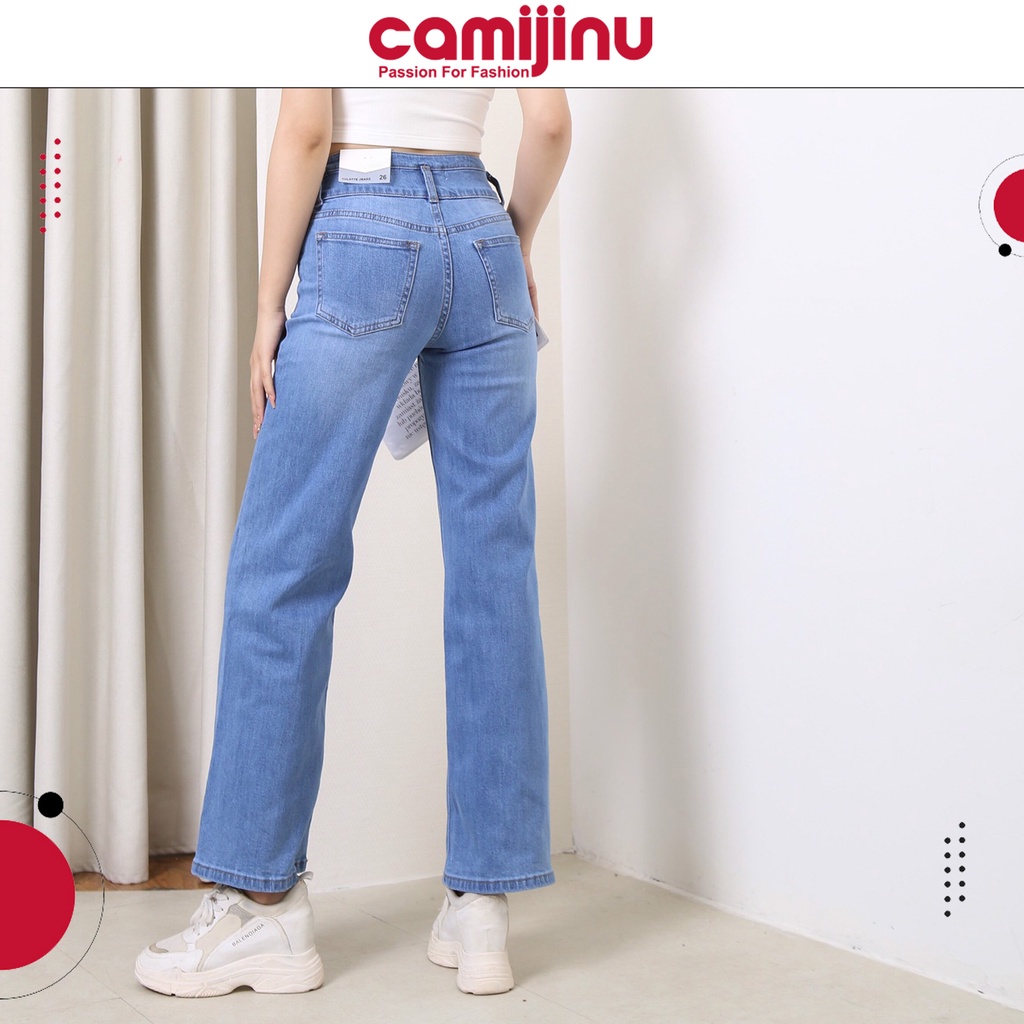 Quần Jeans Nữ Suông 3 Khuy, Gen Cạp Cao Dáng Dài Màu Xanh Nhạt