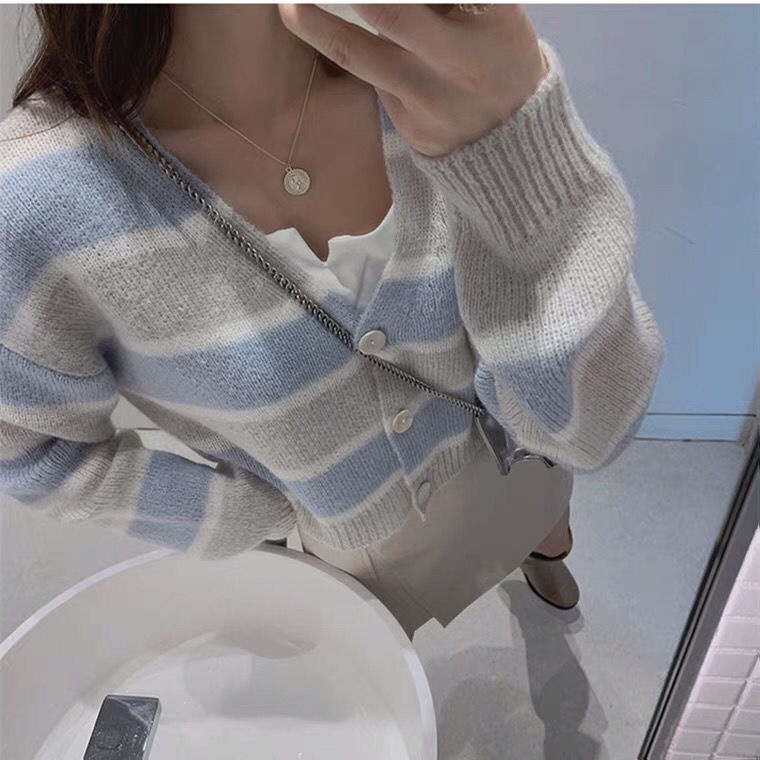 Áo Khoác Len Cardigan Tay Dài Kẻ Sọc Thời Trang Thu Đông Hàn Quốc Mới 2022 Dành Cho Bạn Nữ