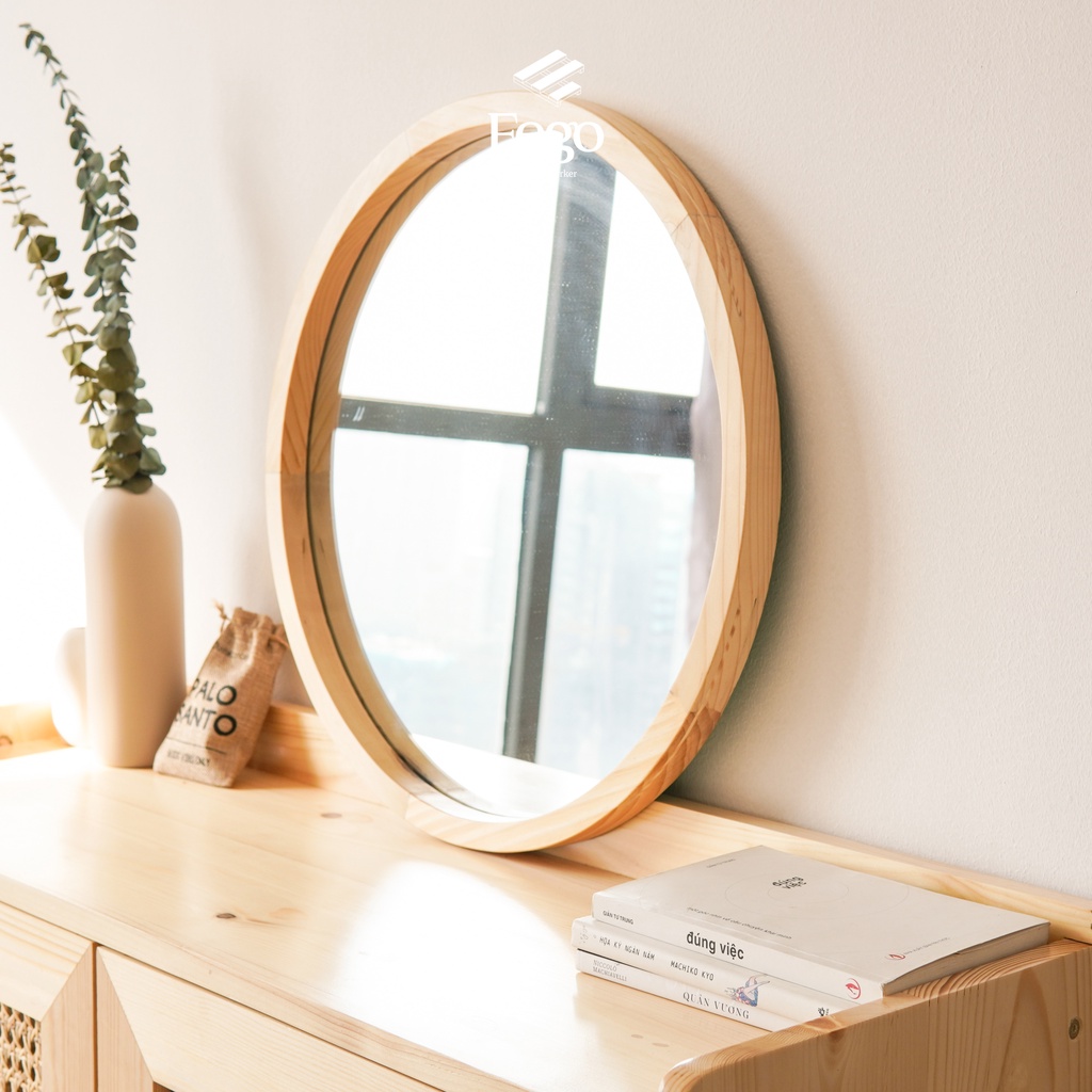 Gương tròn treo tường FEGO viền gỗ tự nhiên để decor phòng tắm và bàn trang điểm