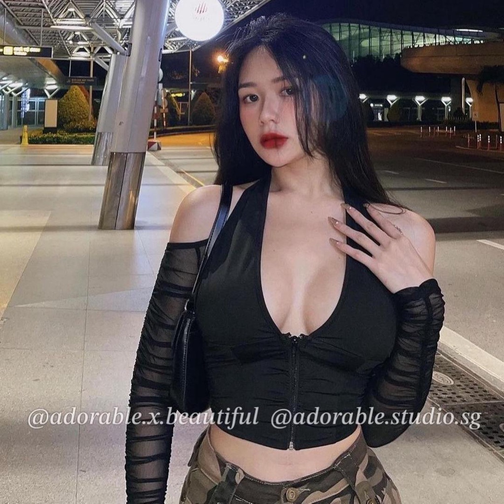 Áo Thun Tay Dài Phối Lưới Dây Kéo Cổ Tròng Đen Trơn Phong Cách Sexy Quyến Rũ